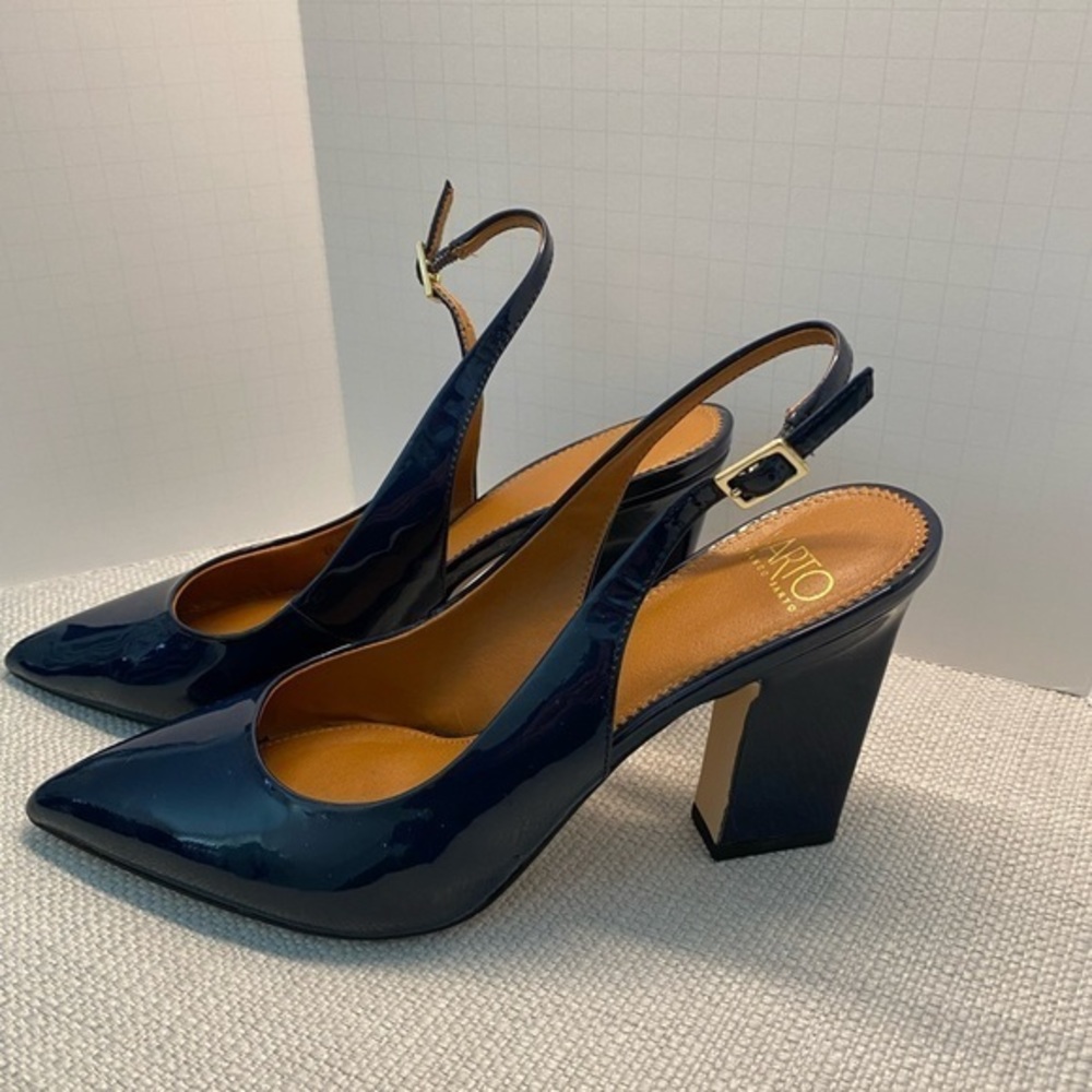 Blue patent leather heels